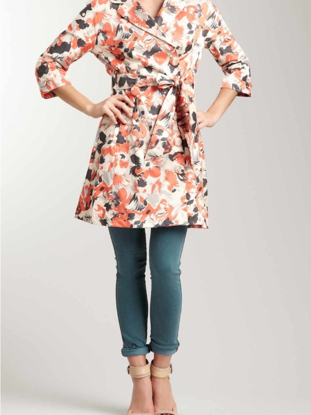 Vertigo Paris Floral Tie-Waist Trench Top - Coral, Ivory & Charcoal